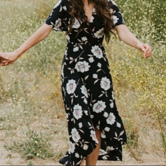 Lake Como Navy Blue Floral High-Low Wrap Dress - Picture 6 of 9